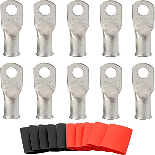 SVAAR 10pcs 2/0 AWG - 3/8'' Tinned Copper Cable Lugs Wire Lugs UL Listed 00 Gauge Ring Terminals Wire Lugs Battery Cable Ends Heavy Duty Closed End Crimp Connectors with 10pcs 3:1 Heat Shrink Tubings