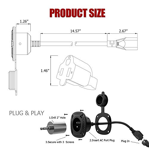 MICTUNING 13Amp 125V AC Port Plug with 16" Integrated Heavy Duty Extension Cord and Water-resistant Cap - Black