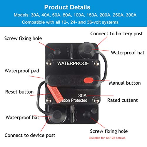 WOHHOM 40 Amp Circuit Breaker with Manual Reset 12V-36V DC Waterproof Surface Mount for Car Audio Rv Marine Boat Truck Trolling Motors, 30-300A Car Speaker Resettable Fuse