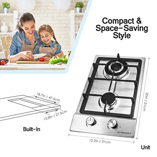 Gas Stove Gas Cooktop 2 Burners,12 Inches Portable Stainless Steel Built-in Gas Hob LPG/NG Dual Fuel Easy to Clean for RVs, Apartments, Outdoor