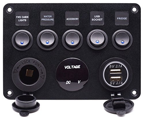 Cllena Dual USB Socket Charger 2.1A&2.1A + LED Voltmeter + 12V Power Outlet + 5 Gang ON-Off Toggle Switch Multi-Functions Panel for Car Boat Marine RV Truck Camper Vehicles GPS Mobiles (Blue)