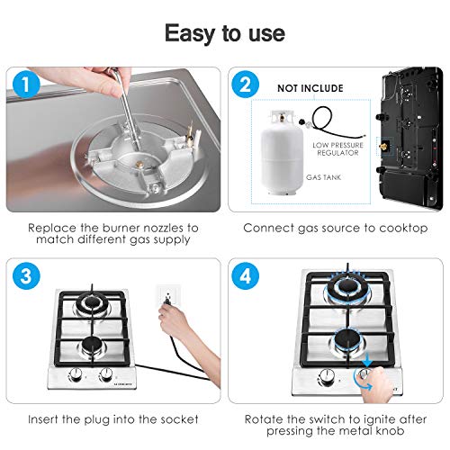 Gas Stove Gas Cooktop 2 Burners,12 Inches Portable Stainless Steel Built-in Gas Hob LPG/NG Dual Fuel Easy to Clean for RVs, Apartments, Outdoor