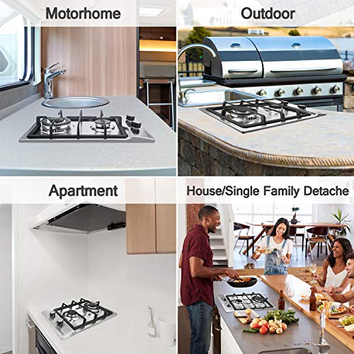 Gas Stove Gas Cooktop 2 Burners,12 Inches Portable Stainless Steel Built-in Gas Hob LPG/NG Dual Fuel Easy to Clean for RVs, Apartments, Outdoor