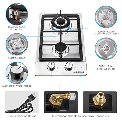 Gas Stove Gas Cooktop 2 Burners,12 Inches Portable Stainless Steel Built-in Gas Hob LPG/NG Dual Fuel Easy to Clean for RVs, Apartments, Outdoor